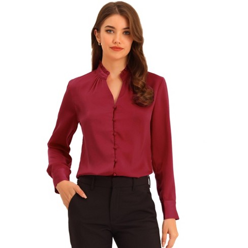 INSPIRE CHIC Women's Ruffled Stand Collar Long Sleeve Button Elegant Satin Shirt - image 1 of 4