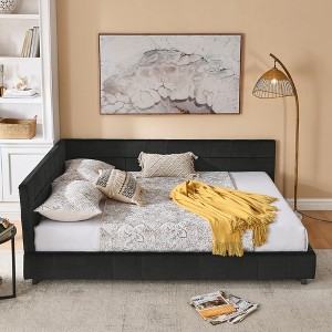 TiramisuBest Queen Size Upholstered Tufted Bed Frame with Storage, Velvet Sofa Bed with Backrest & Armrests, Black - 1 of 4