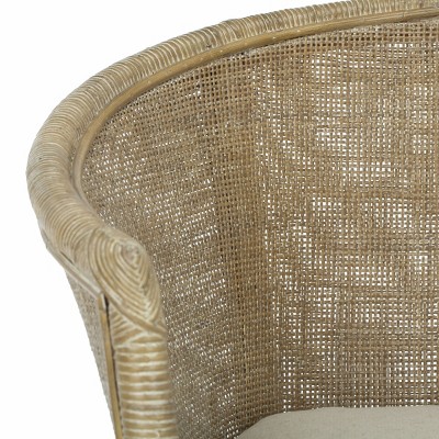 Transitional Whitewashed Rattan Armchair with Off-White Linen Cushion