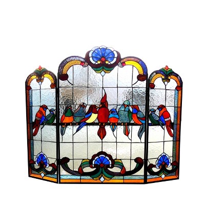 Chloe Lighting Aves Tiffany-Glass Gathering Birds Design 3pcs Folding Fireplace Screen 40" Wide