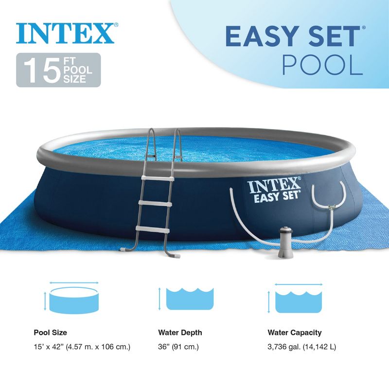 Intex Easy Set 15' x 42" Round Inflatable Outdoor Above Ground Swimming Pool Set with 1000 GPH Filter Pump, Ladder, Ground Cloth, and Pool Cover, 3 of 7