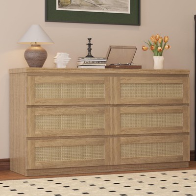 6 Rattan Drawer Dresser for Bedroom, Natural Modern Chest of Drawer with Anti-Tip Kit Device, Wooden Dresser Organizer for Nursery Hallway Living Room