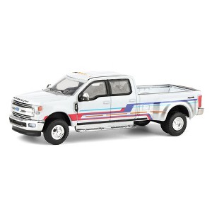 Greenlight 1/64 2019 Ford F-350 Lariat Dually Pickup Truck, White with Custom Stripes, Dually Drivers Series 16 46160-D - 1 of 4