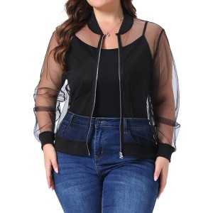 Women's Plus Size Bomber Mesh Sheer Floral Lace Long Sleeve