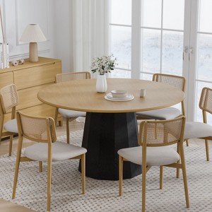 PexFix 52" Wood Round Dining Table Kitchen Table for 4-6 with Arc-Shaped Edge Top & Tapered Pedestal for Living/Dining Room Coffee Office Natural - 1 of 4