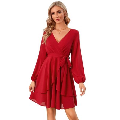 WhizMax Women V-Neck Long Sleeve Ruffle Trim Pleated Mini Dress