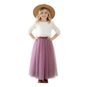 2Bunnies 2 Piece Lace Top Tulle Skirt Boho Rustic Flower Girl Dress Set - 1 of 4