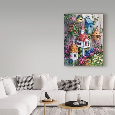 Colorful Birdhouses and Flowers Canvas Art in 14x19