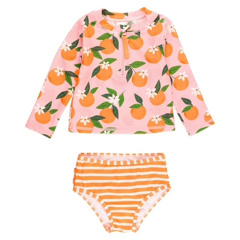 RuffleButts Girls Long Sleeve Zipper Rash Guard Bikini - Orange You The Sweetest, Size: 6