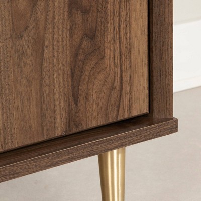 Natural Walnut and White Stone 2-Drawer End Table with Brass Legs