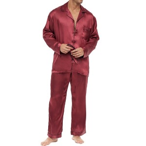 ADR Men's Satin Pajamas Set, Long Sleeve Top and Pants with Pockets, Silk like PJs with Matching Sleep Mask - 1 of 4