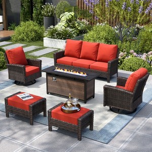 Captiva Designs Outdoor Patio Wicker Furniture Conversation Fire Pit Sets with Swivel Chairs with 5.5" Thick Cushions - 1 of 4