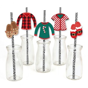 Big Dot of Happiness Christmas Pajamas - Paper Straw Decor - Holiday Plaid PJ Party Striped Decorative Straws - Set of 24 - 1 of 4
