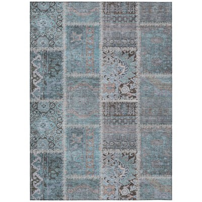 Teal Blue Aqua And Beige Patchwork Washable Indoor Outdoor Area Rug