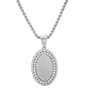 Steeltime 24" Men's stainless steel and simulated diamonds Our Lady of Guadalupe oval pendant. Color Options: Silver, Gold, Black - 1 of 4