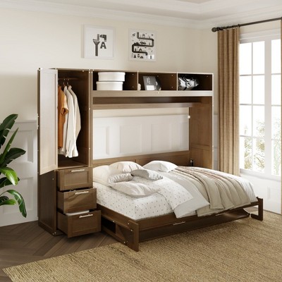 NicBex Full Size Murphy Bed 105" Wooden Bed Frame Morden Hideaway Wall Bed with Storage Shelves, 3 Drawers and Closet for Apartment, Wood