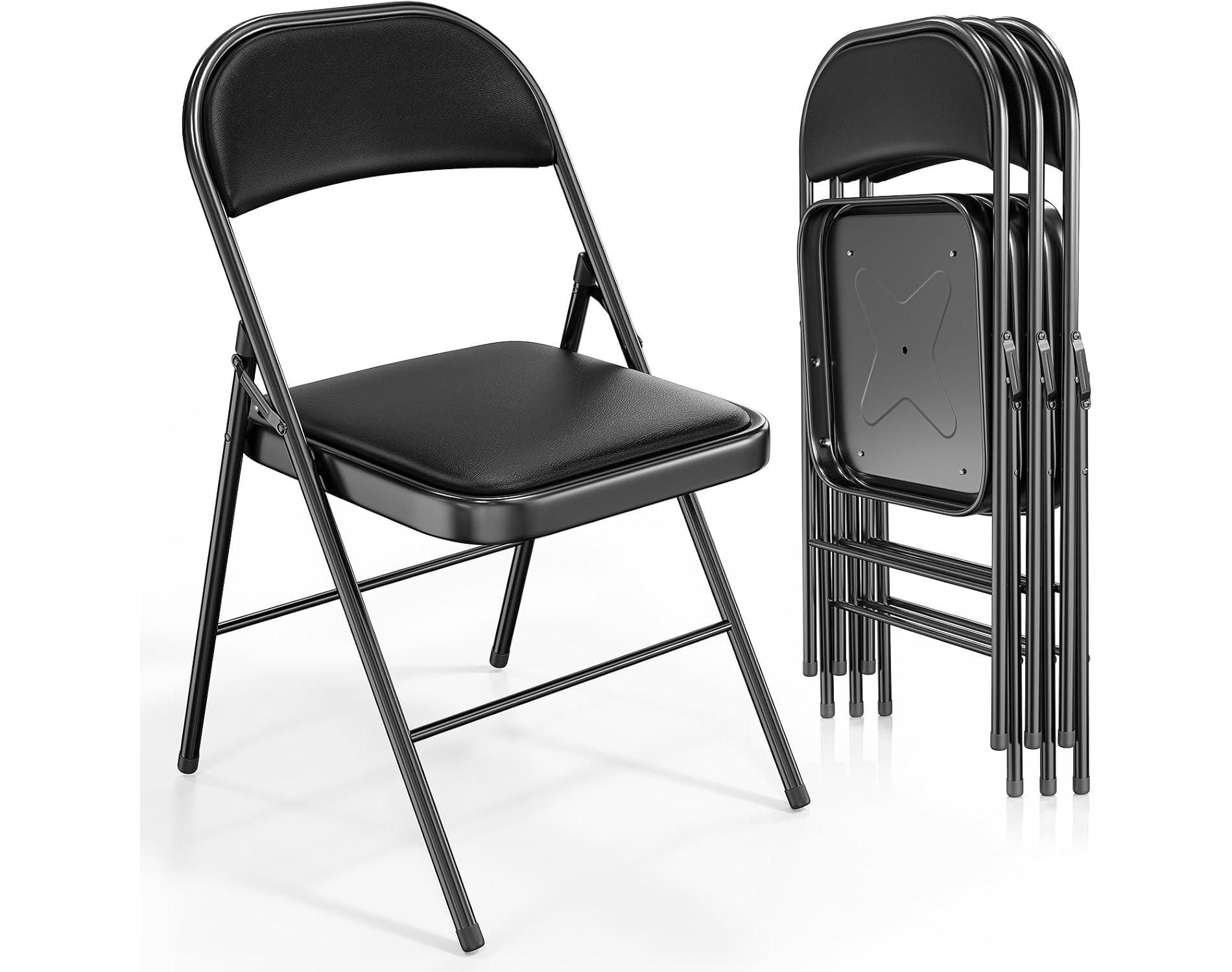 VINGLI 4 Pack Folding Chairs with Padded Seats, Metal Frame with Pu Leather Seat & Back, Capacity 350 lbs, Set of 4, Black
