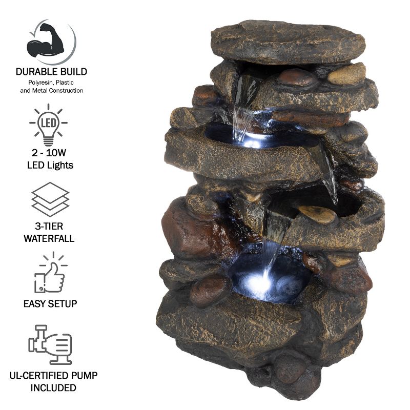 Nature Spring 3-Tiered Electric Waterfall Cascade Fountain With Pump and LED Lights, 4 of 7