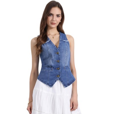 INSPIRE CHIC Women's Denim Sleeveless Collarless Washed Distressed Jean Vest