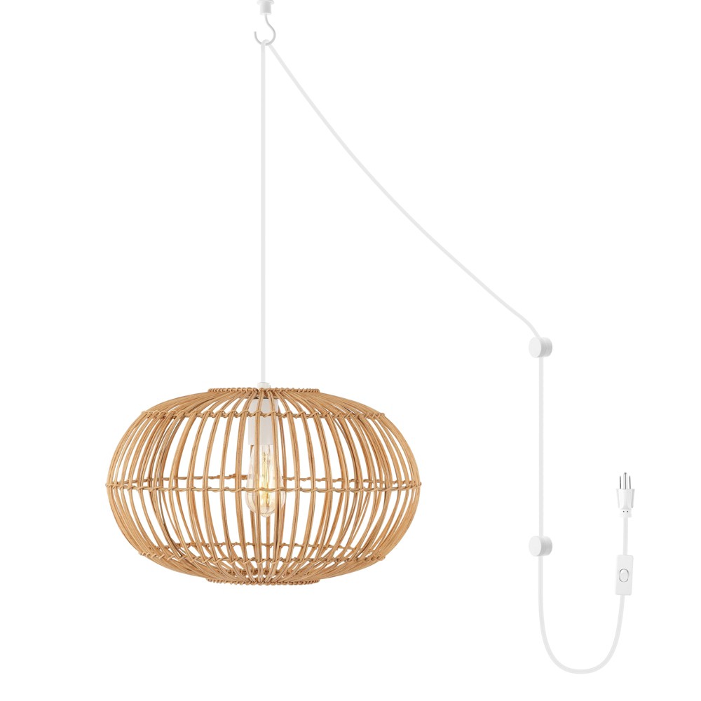 17.5" 1-Light Leo Farmhouse Coastal Rattan LED Pendant Brown - JONATHAN Y: Swag Lamp, Adjustable Height