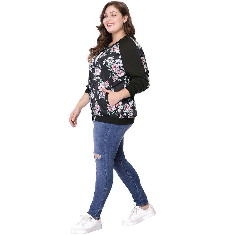 Agnes Orinda Women's Plus Size Zipper Raglan Sleeves Floral Bomber Jacket, 5 of 8