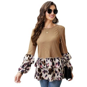 Coolmee Long Sleeve Shirts for Womens Crewneck Leopard Patchwork Babydoll Tunic Tops Fall Fashion Clothes - 1 of 4