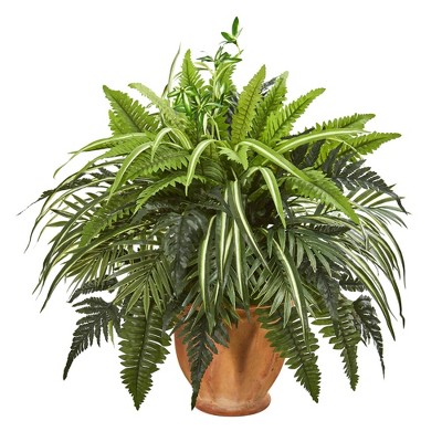 23" x 22" Artificial Fern Plant in Terracotta Planter - Nearly Natural