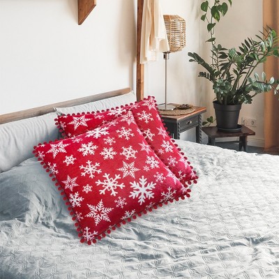 Red Snowflake Polyester Throw Pillow Covers with Pom Pom Fringe, 18x18, Set of 2