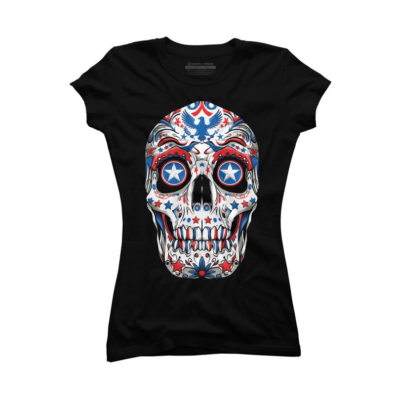 Junior's Design By Humans July 4th American Sugar Skull By  T-Shirt, 1 of 3