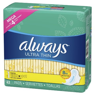 Always Ultra Thin Pads Unscented with Wings - Regular Absorbency - Size 1 - 62ct