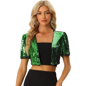 INSPIRE CHIC Women's Puff Short Sleeve Open Front Party Crop Sequin Shrugs - 1 of 4