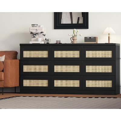 9-Drawer Rattan Dresser with Charging Station, Farmhouse Wood Chest for Bedroom, Living Room, Hallway Storage Organizer