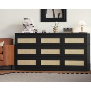 9-Drawer Rattan Dresser with Charging Station, Farmhouse Wood Chest for Bedroom, Living Room, Hallway Storage Organizer - 1 of 4