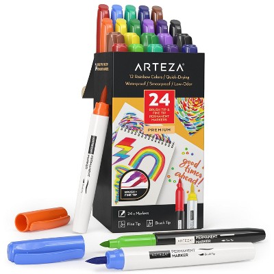 Arteza Set of 24 Permanent Markers, Rainbow, Fine & Brush Nib, 12 Assorted Colors, (ARTZ-4412)