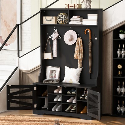 LIVAREEmlen 43.3'' Garment Rack, 3-in-1 Design and Adjustable Shelves, Hall Tree with 7 Hooks for Entrance, Living Room