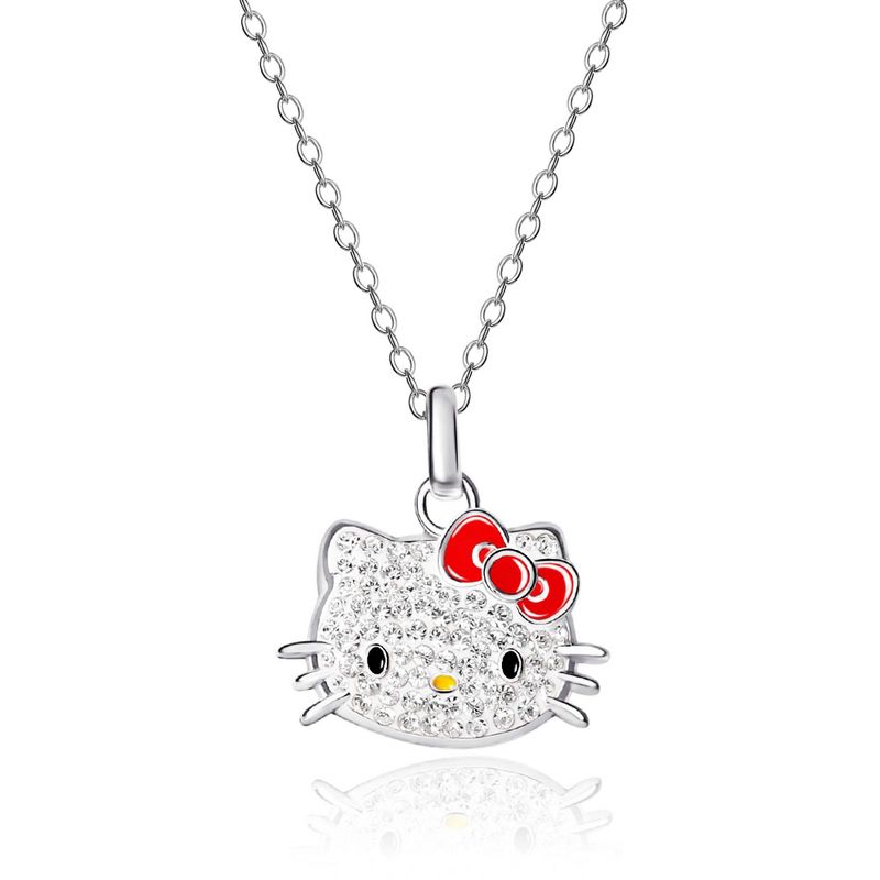 Hello Kitty Womens Silver Plated Clear Crystal Hello Kitty Pendant, 18'', 1 of 7