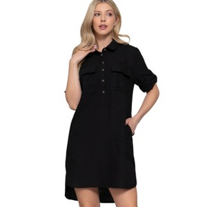 Slickblue Women’s Linen Effect Mini Dress, Roll-Up Sleeves, Straight Style, Black/Sand, Size S–L - 1 of 4