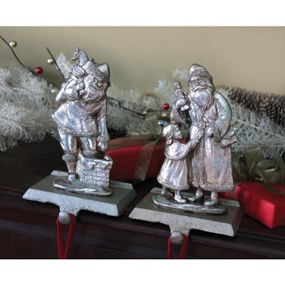 Melrose 2 Santa Claus Classics Antique Silver Glittered Christmas Stocking Holders 8"