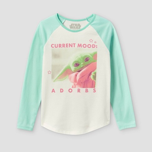 Girls' Wars Baby Yoda Current Mood: Adorbs Raglan Long Sleeve Graphic T-shirt - Green/off-white : Target