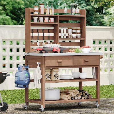 YOOCOZZ Fir Wood Mobile Garden Potting Bench & Kitchen Cart with Ample Storage and Stainless Steel Top