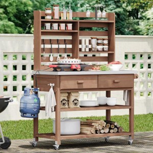 YOOCOZZ Fir Wood Mobile Garden Potting Bench & Kitchen Cart with Ample Storage and Stainless Steel Top - 1 of 4
