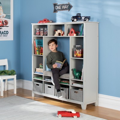 Martha Stewart Kids' Storage Shelf: Wooden Bedroom Book Nook, Toy Cube Organizer with Reading Bench and Storage Bins