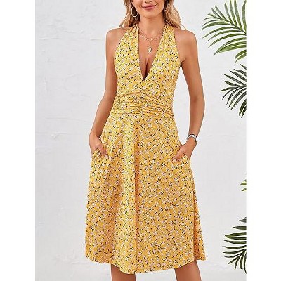 Women's Halter Neck Midi Dress - Backless Floral Print Dress with Side Pockets & Waist Tucks
