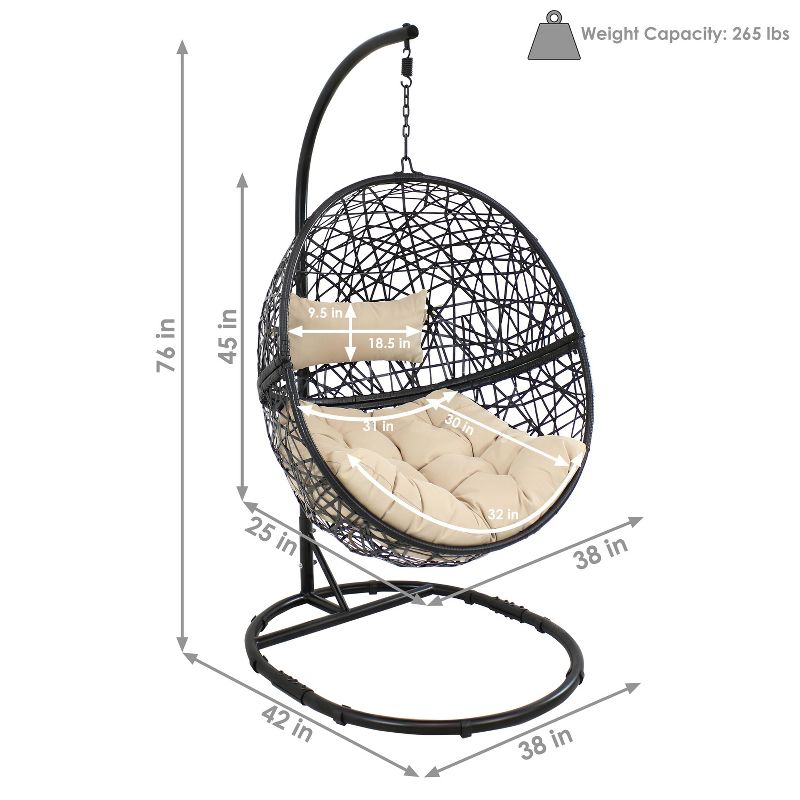 Sunnydaze Outdoor Resin Wicker Jackson Hanging Basket Egg Chair Swing with Cushions, Headrest, and Steel Stand Set - 3pc, 3 of 11