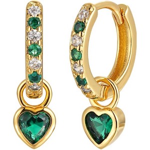 Small 14K Gold Huggie Hoop Earrings for Women | Emerald Green Heart Drop with Cubic Zirconia | Hypoallergenic Dangle Green Jewelry Gift - 1 of 4