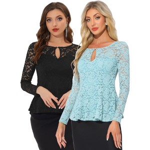 INSPIRE CHIC Women's Floral Lace Front Peplum Hem Keyhole Sheer Long Sleeve Blouse 2 Pieces - 1 of 4