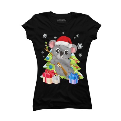 Junior's Design By Humans Santa Climbing Koala Bear Christmas T-Shirt By thebeardstudio T-Shirt