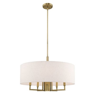 Antique Brass 6-Light Pendant Chandelier with Oatmeal Shade