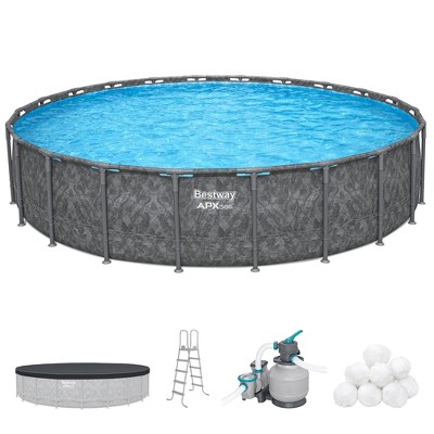 Bestway APX 365 22' x 52" Round Above Ground Swimming Pool Outdoor Backyard Framed Pool Set with Sand Filter Pump, Ladder, and Cover, Dark Marble