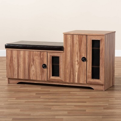 Dark Brown Faux Leather Oak Storage Bench with Cabinet